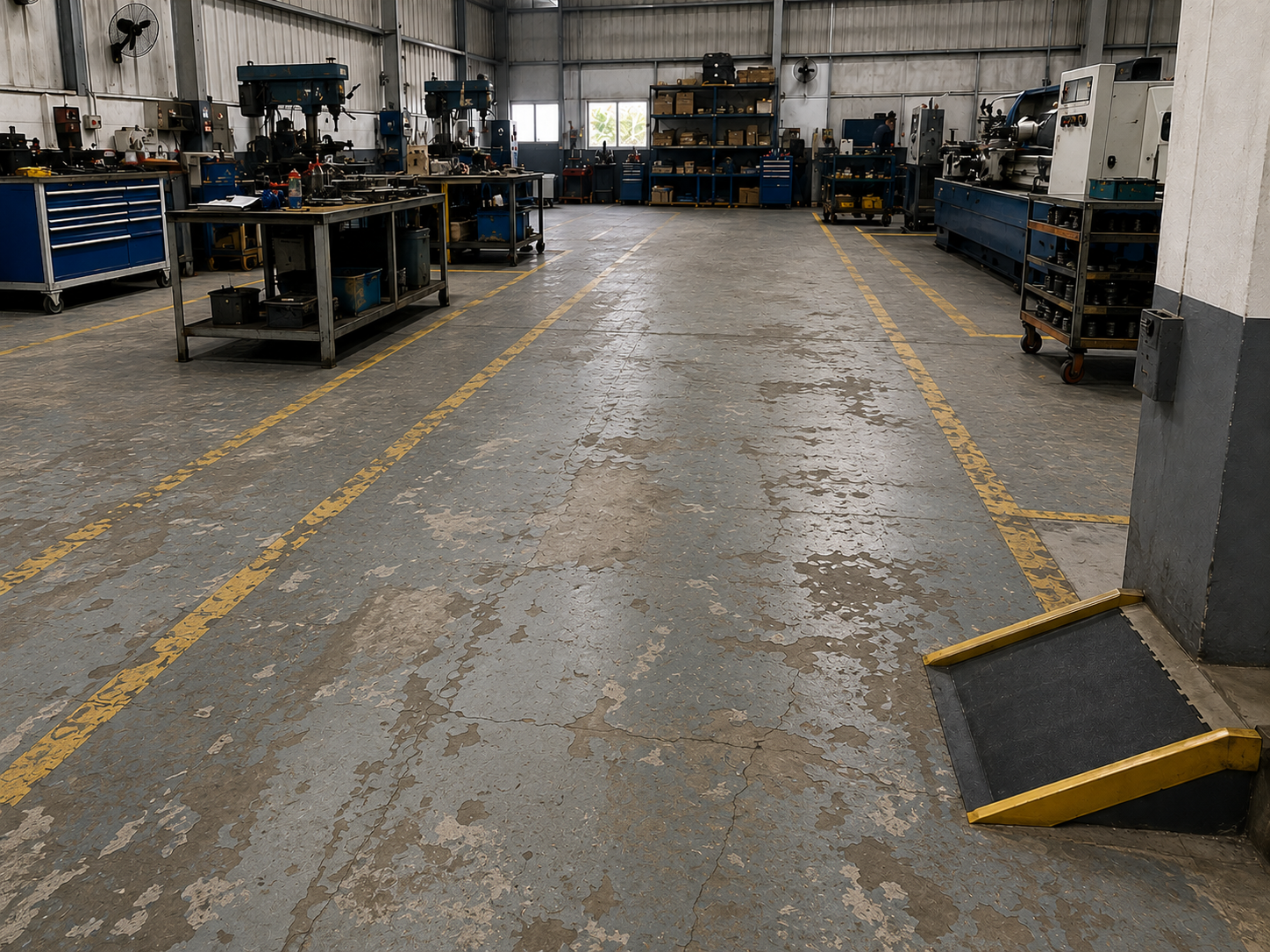 Home 7 Peeling, cracked epoxy floor coating in an Indian factory bay before the Tiepro upgrade
